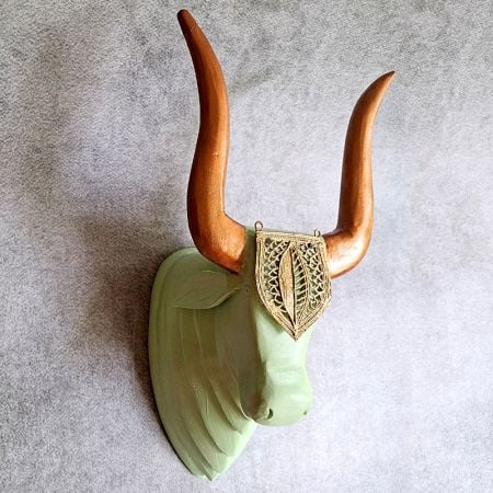 Pista Green Bull Head Wall Art in Handcrafted Wood